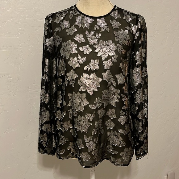 Club Monaco Metallic Pattern Silk Blend Semi Sheer Blouse In Floral Print - XXS - Picture 3 of 16
